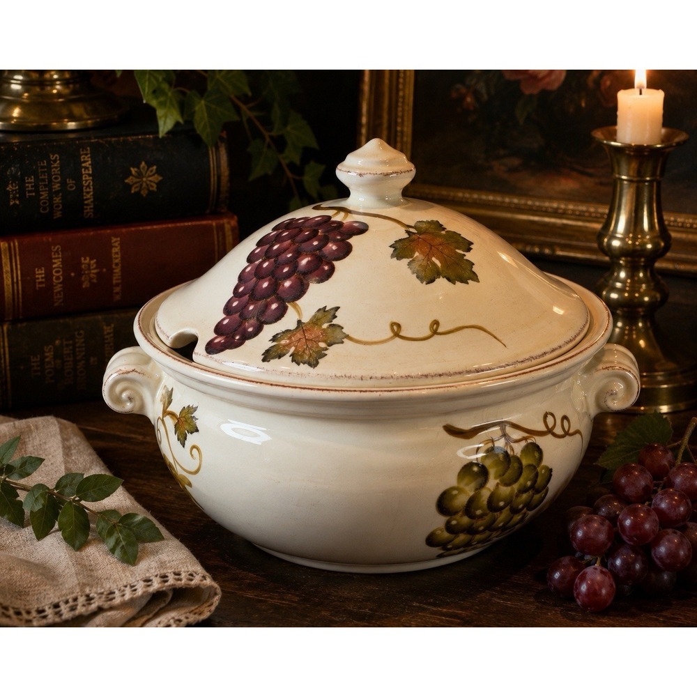Tabletops Unlimited Villa Grande Covered Tureen Grapes Hand Painted 11"